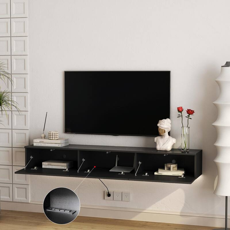Floating TV Stand Wall Mounted with 16 Color LEDs, 67" Modern TV Stand
