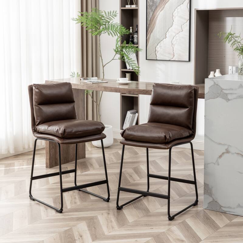 Metal Frame Bar Stools Set of 2, Faux Leather Upholstered Counter Height Bar Chair with Footrest for Kitchen, Dining Room