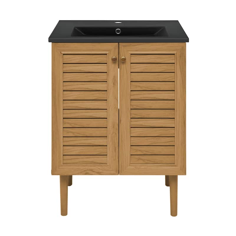Bron 24 In. Brown Oak Bathroom Vanity With Black Ceramic Sink Top