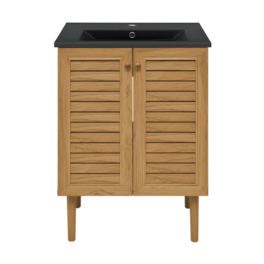 Bron 24 In. Brown Oak Bathroom Vanity With Black Ceramic Sink Top