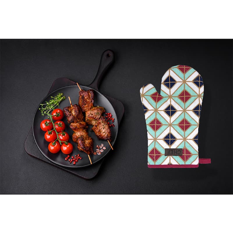 Chef's Vibrant Geometric Design Cotton Oven Mitt - Heat Resistant 11x7 Inch - Stylish Kitchen Essential - 11"L x 7"W x 1"H