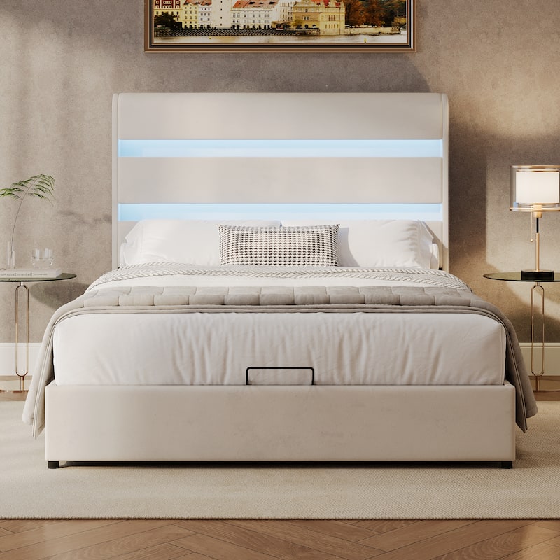 LED Storage Bed with Velvet Upholstery Headboard & Footboard, Beige Full