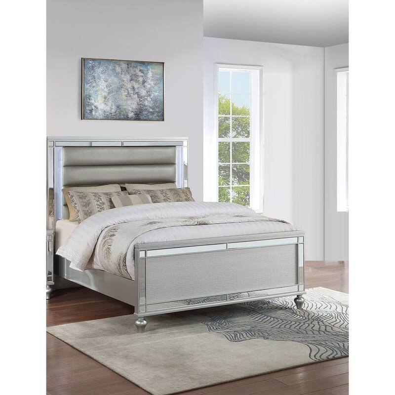 Contemporary Style Bed Set Glass Panel Diamond Handles Silver Finish Bedroom Furniture