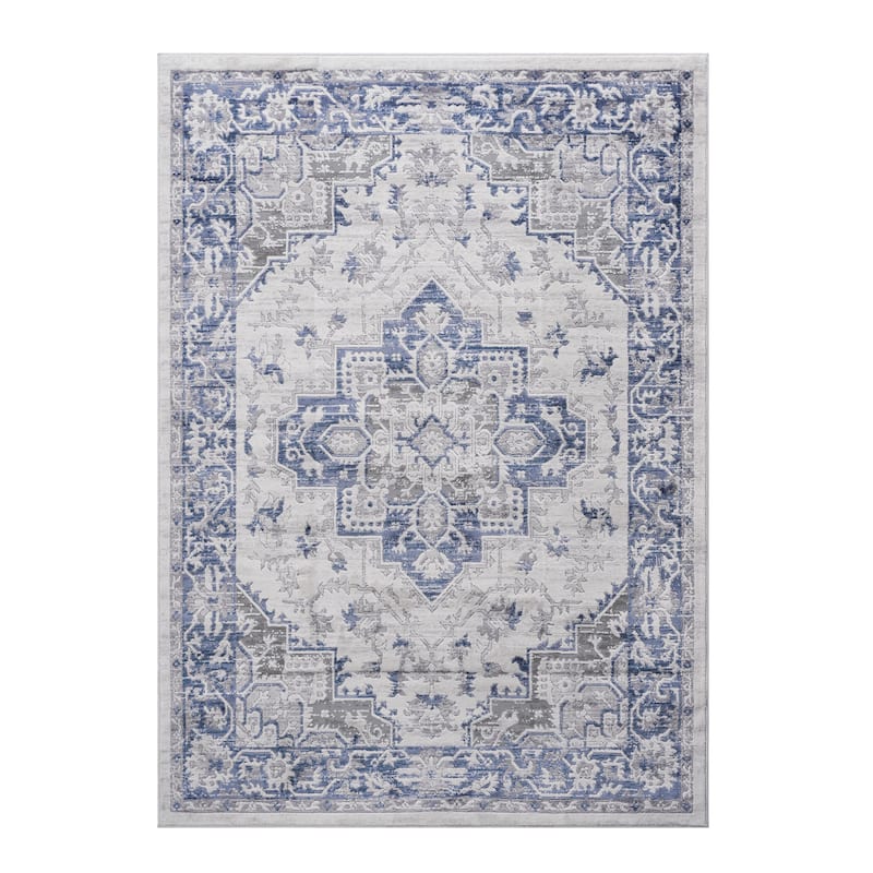 LOOM & LUXE Collection Blue/Grey/Oriental Non-Shedding Area Rug - 90" D x 63" W x 0.35" H