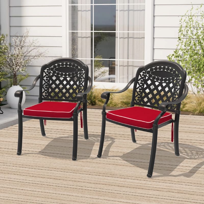 Black Stackable Cast Aluminum Patio Outdoor Dining Chairs With Seat Cushions - Black(Set of 2)