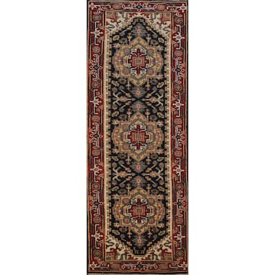 Dark Navy Blue Heriz Serapi Indian Runner Rug Handmade Wool Carpet - 2'3"x 8'3"