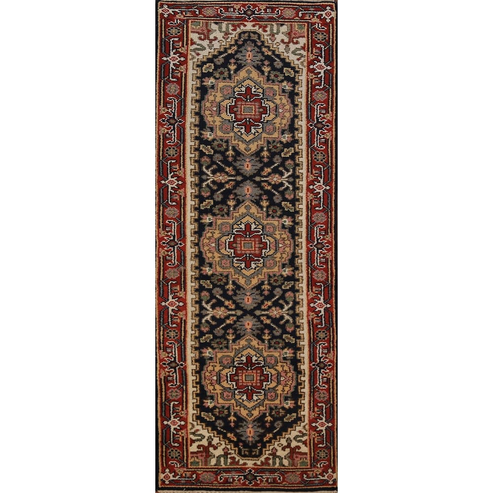 Dark Navy Blue Heriz Serapi Indian Runner Rug Handmade Wool Carpet - 2'3"x 8'3"