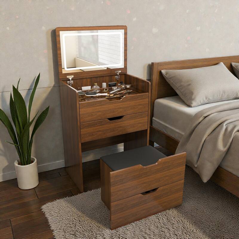 Flip Top Makeup Vanity Desk with LED Mirror and Stool, 3-in-1 Compact Storage Table for Bedroom