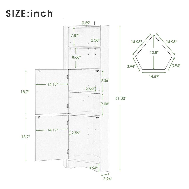 61" Wood 2-door Bathroom Corner Cabinet with Exterior Shelves