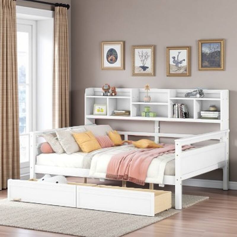 Full Size Wooden Daybed with Storage Drawers and Bedside Shelf, Slatted Support Frame for Bedroom or Living Room - Full White - Full