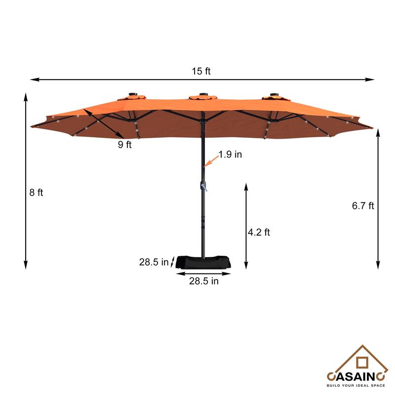 15-ft. Rectangular Crank Double-sided Outdoor Market Umbrella Solar LED Lighted Patio Umbrella with Base Included