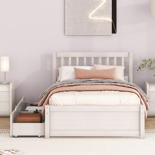 slide 2 of 12, White Washed Twin Storage Bed with 2 Drawers&Slat Support , Wood Platform Bed with Storage and Headboard, No Box Spring Needed White Washed - Twin