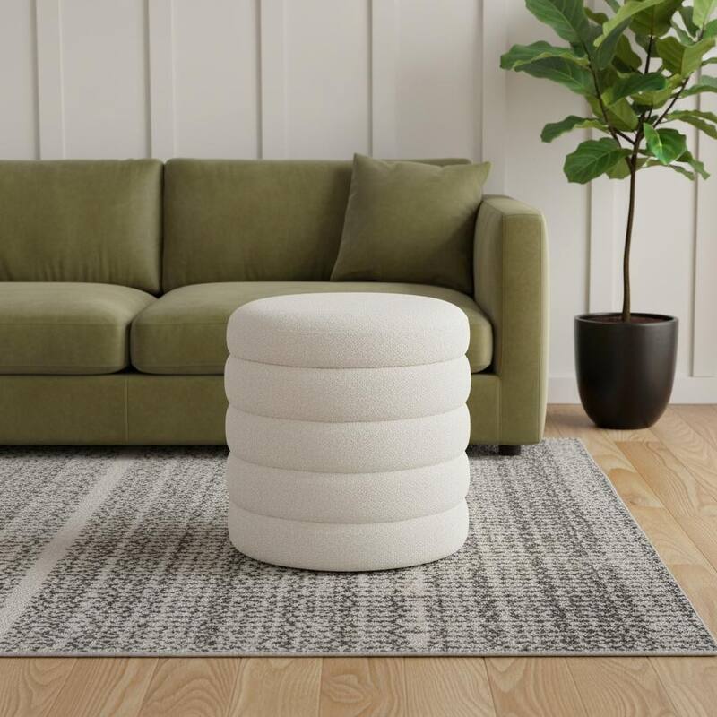 HomeRoots 19" Cream Boucle Round Storage Ottoman - Cream - 18.90 in. x 20.00 in. x 18.90 in.