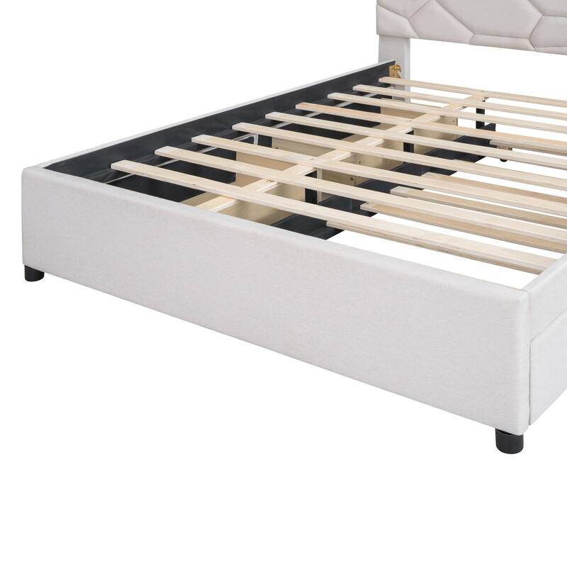 Full/Queen Size Upholstered Platform Bed with Stylish Brick Pattern Headboard, Trundle & 2 Drawers, Linen Fabric Comfort