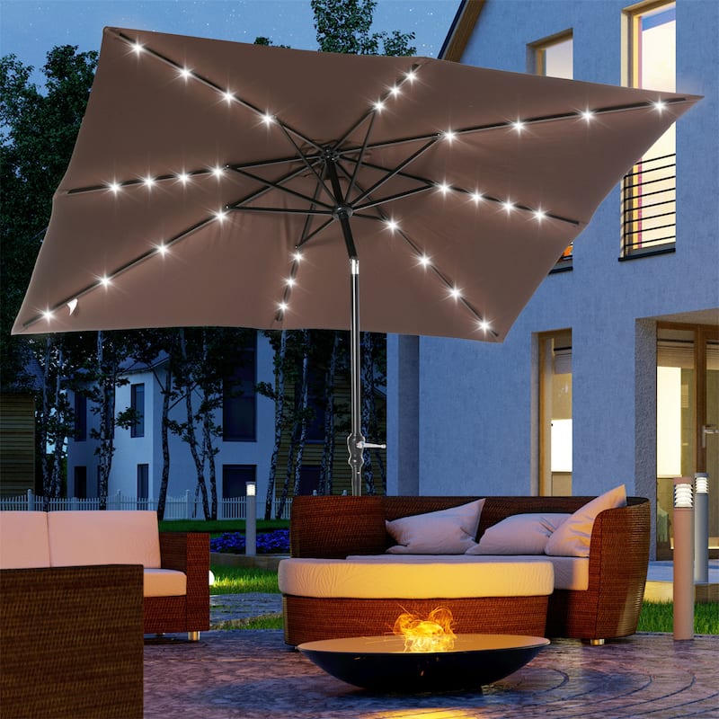 Outdoor LED Lighted 9' x 7' Solar Umbrella with Tilt and Crank