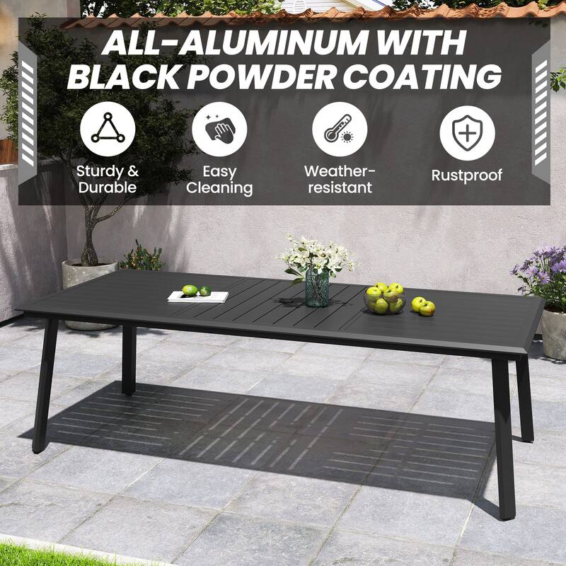 7/9/11 Piece Set Outdoor Aluminum Dining Table with Umbrella Hole for 6-10 Person and Stackable Dining Chairs