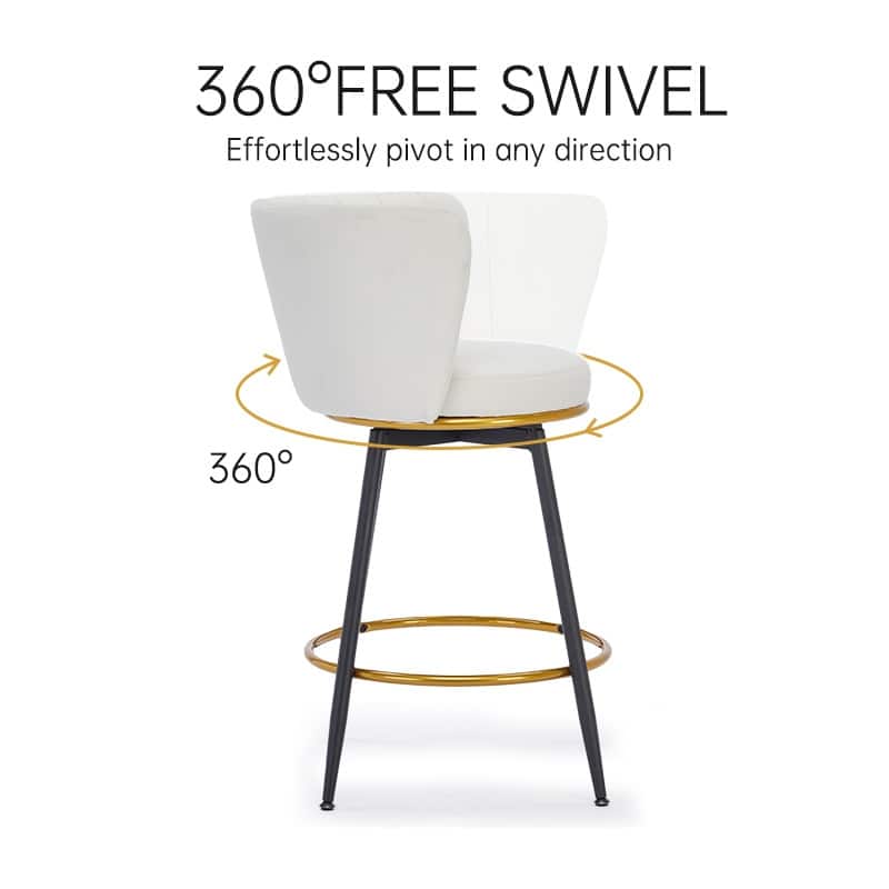 Mid-century Counter Height Bar Stools Set of 2 360° Swivel Barstools with Vertical Stripe Backrest and Round Padded Seat
