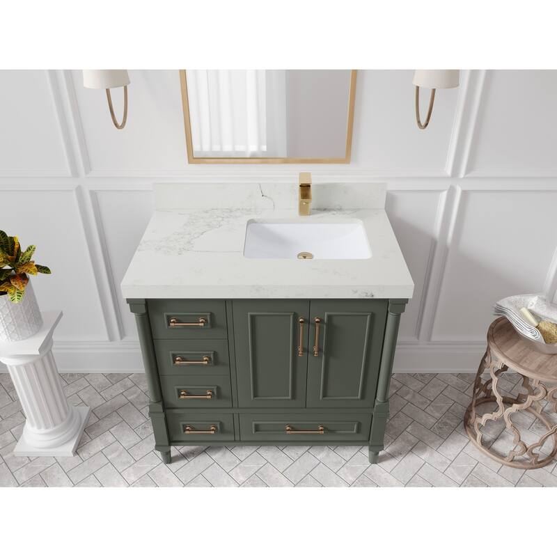 Willow Collections 36 in. W x 22 in. D Aberdeen Right Offset Sink Bathroom Vanity in Pewter Green with Countertop - 2" Calacatta Nuvo - Pewter Green