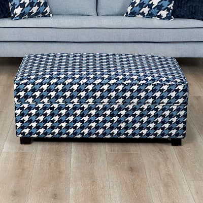 Furniture of America Gregen Blue Solid Wood Houndstooth Pattern Fabric 40-inch Ottoman