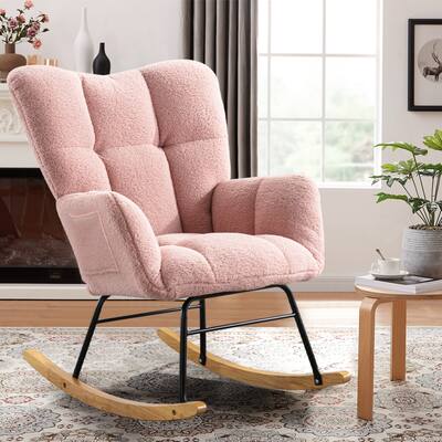 Teddy Fabric Glider Rocking Chair, Nursery Rocking Chair with 2 Side Pocket, High Backrest Armchair with Padded Seat