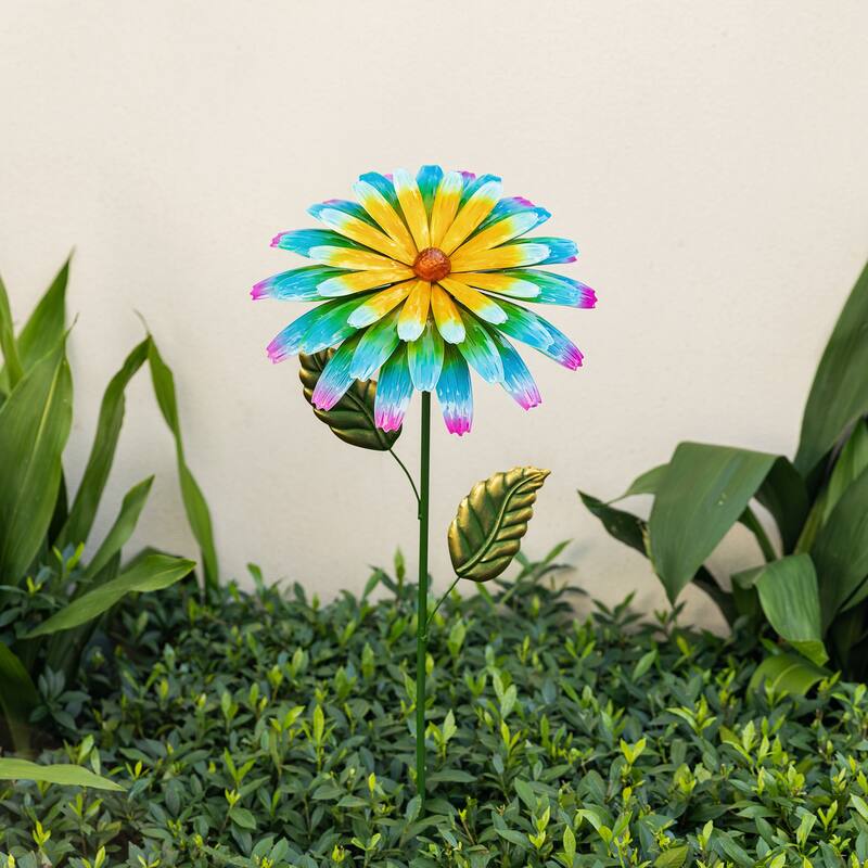 Glitzhome 41"H Garden Metal Flower Yardstake - Blue & Yellow Flower