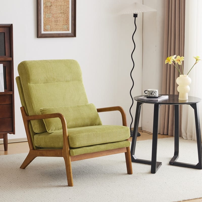 High Back Solid Wood Armrest Backrest Leisure Chair Accent Chair - Green-Corduroy