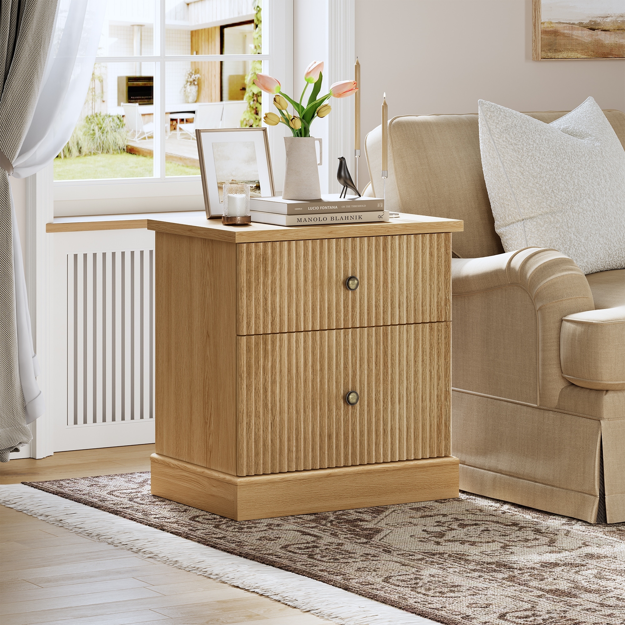 Fluted Nightstand with 2 Drawers, Mid Century Modern Bedside Table, Space Saving Side Table with Curved Edge Base