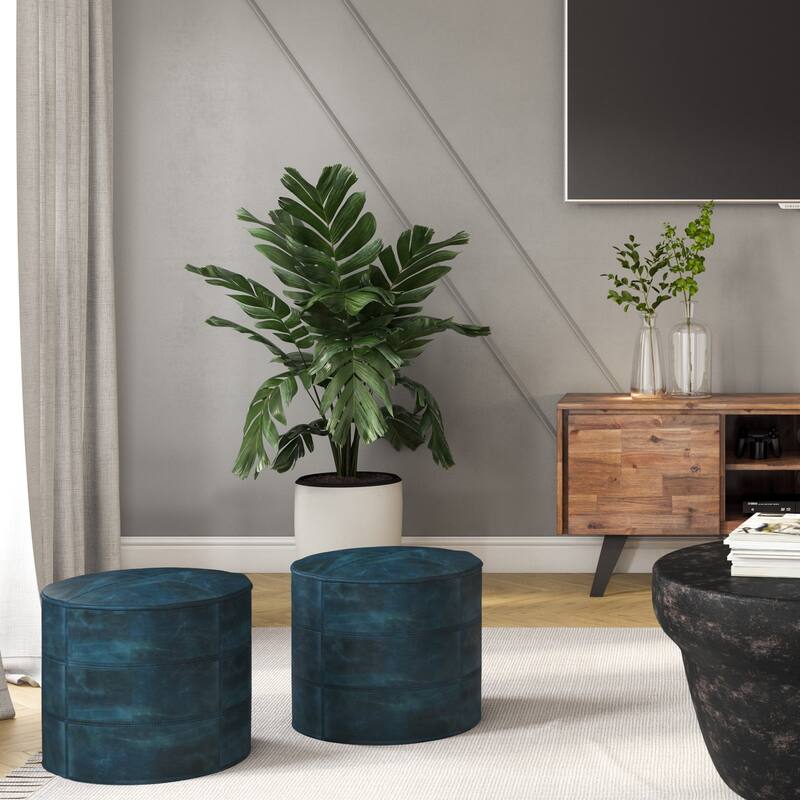 WYNDENHALL Darian Round Pouf in Genuine Leather