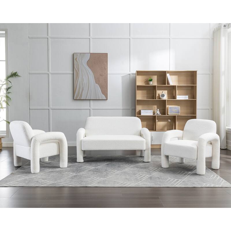 SEYNAR Mid-Century Modern Boucle 51'' Solid Wood Curved Sofa Set of 3 with Accent chair