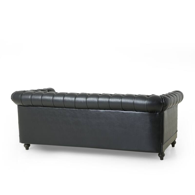 3-Seat Sofa with Wooden Legs, Retro Style, Black PU for Living Room and Study