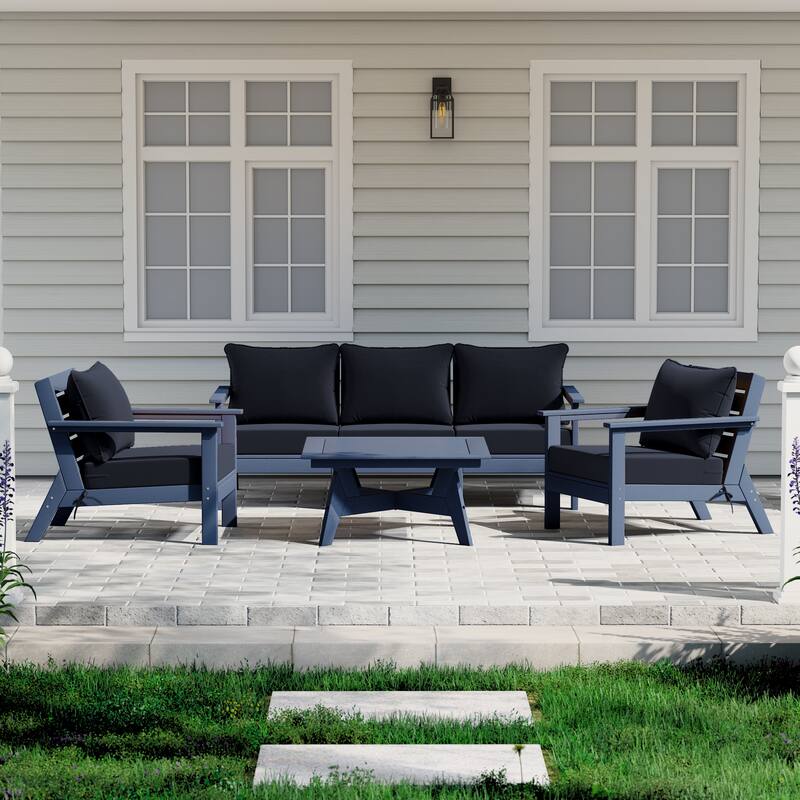 Birchwood All Weather HDPE Outdoor Patio Navy Blue Deep Seating Conversation Set (6-Piece Set) - Navy Blue/Navy Blue