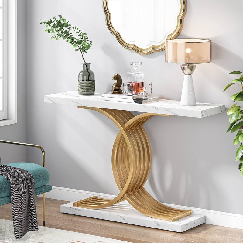 Gold Entryway Table, Modern 39Inch Console/Accent Table with Geometric Metal Legs, Faux Marble