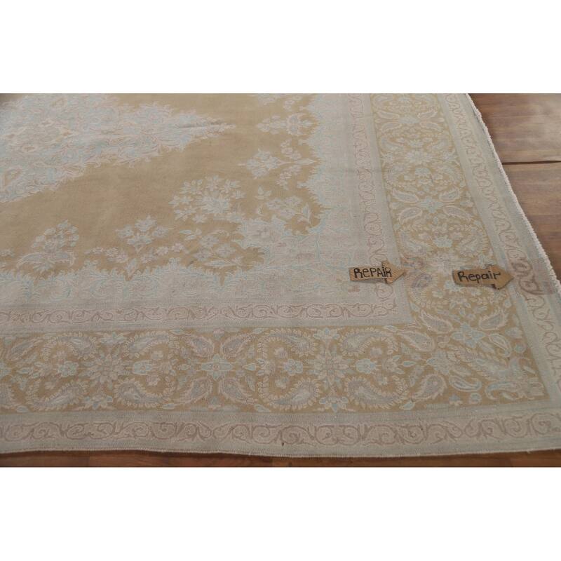 Hand Knotted Oriental 100% Wool Carpet Traditional Floral Yellow & Gold Kerman Area Rug - 12' 8'' X 9' 7''