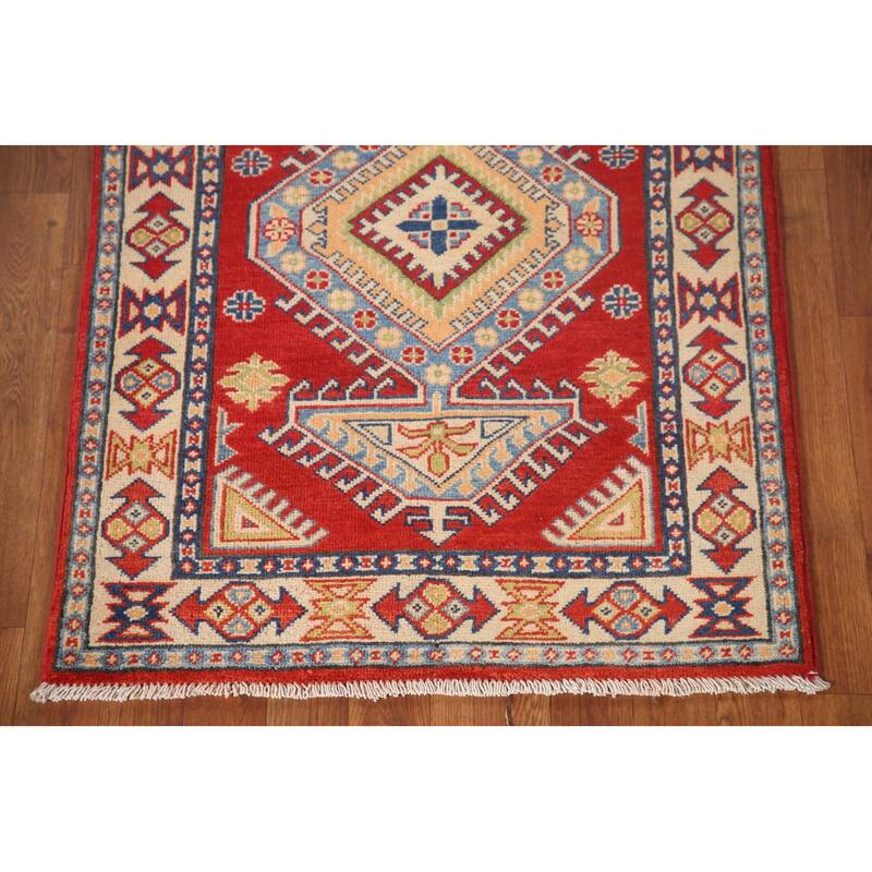 Geometric Kazak Oriental Accent Rug Hand-Knotted Red Wool Carpet - 2'7"x 3'8"