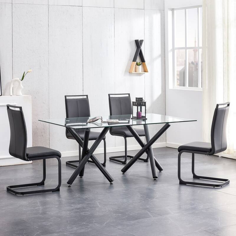 Modern Dining Chair, PU Faux Leather High Back Upholstered Side Chair with C-shaped Tube Black Coating Metal Legs