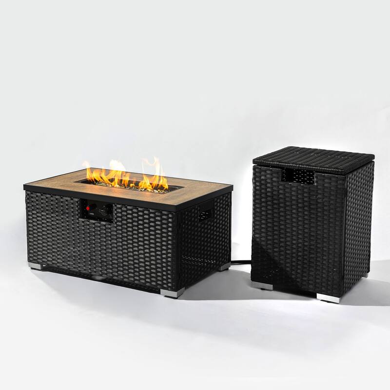 Anmytek 32" Propane Fire Pit Table - 2-Piece Steel Wicker Base with Tank Cover