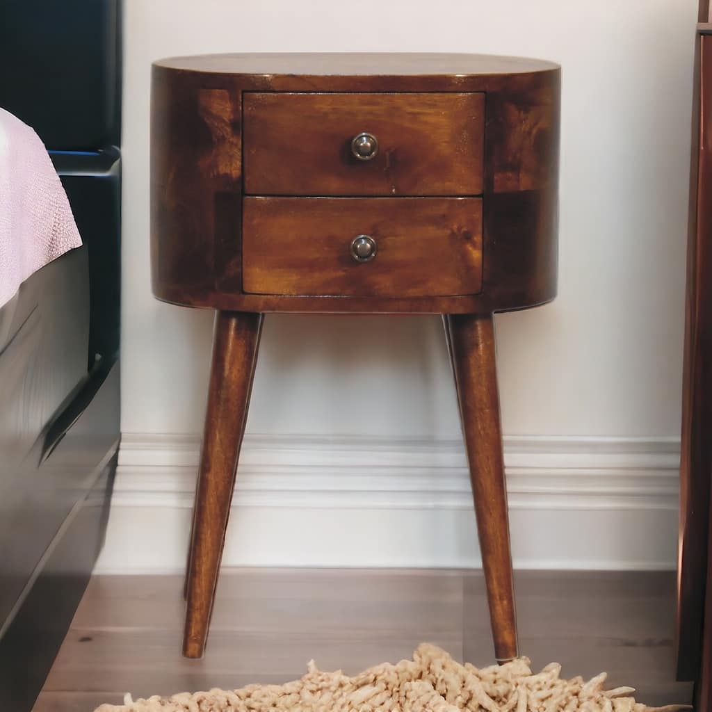 Mini Chestnut Solid Wood Nightstand with 2 Drawers and Nordic Legs