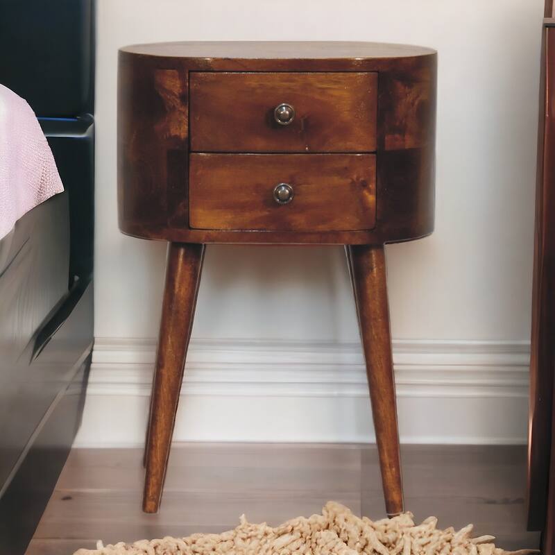 Mini Chestnut Solid Wood Nightstand with 2 Drawers and Nordic Legs - Chestnut