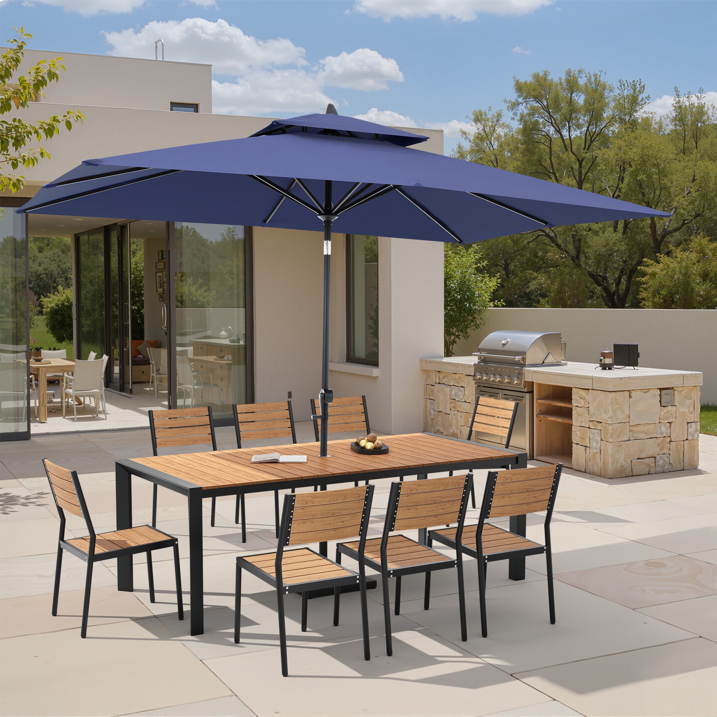 11-Piece Outdoor Patio Dining Set Wood Like Aluminum Umbrella Hole Table with Stackable Chairs, Market Umbrella and Base