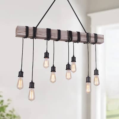 8-light Wooden Rope Kitchen Island Linear Pendant - Black