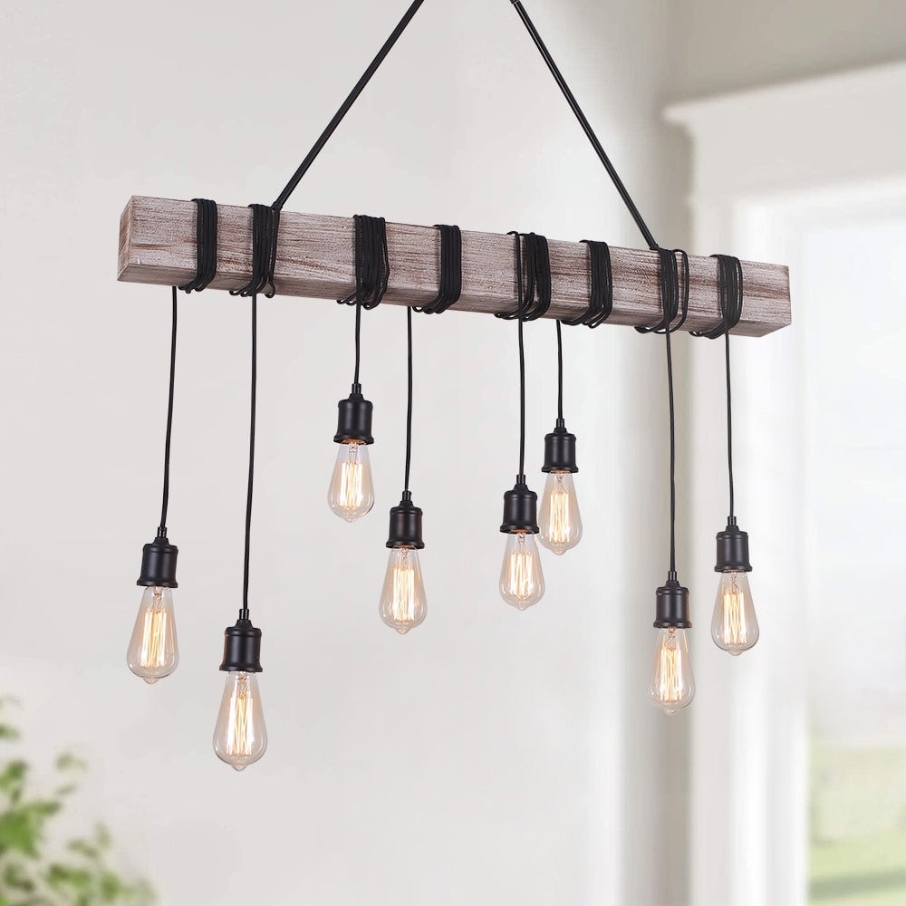 8-light Wooden Rope Kitchen Island Linear Pendant - Black
