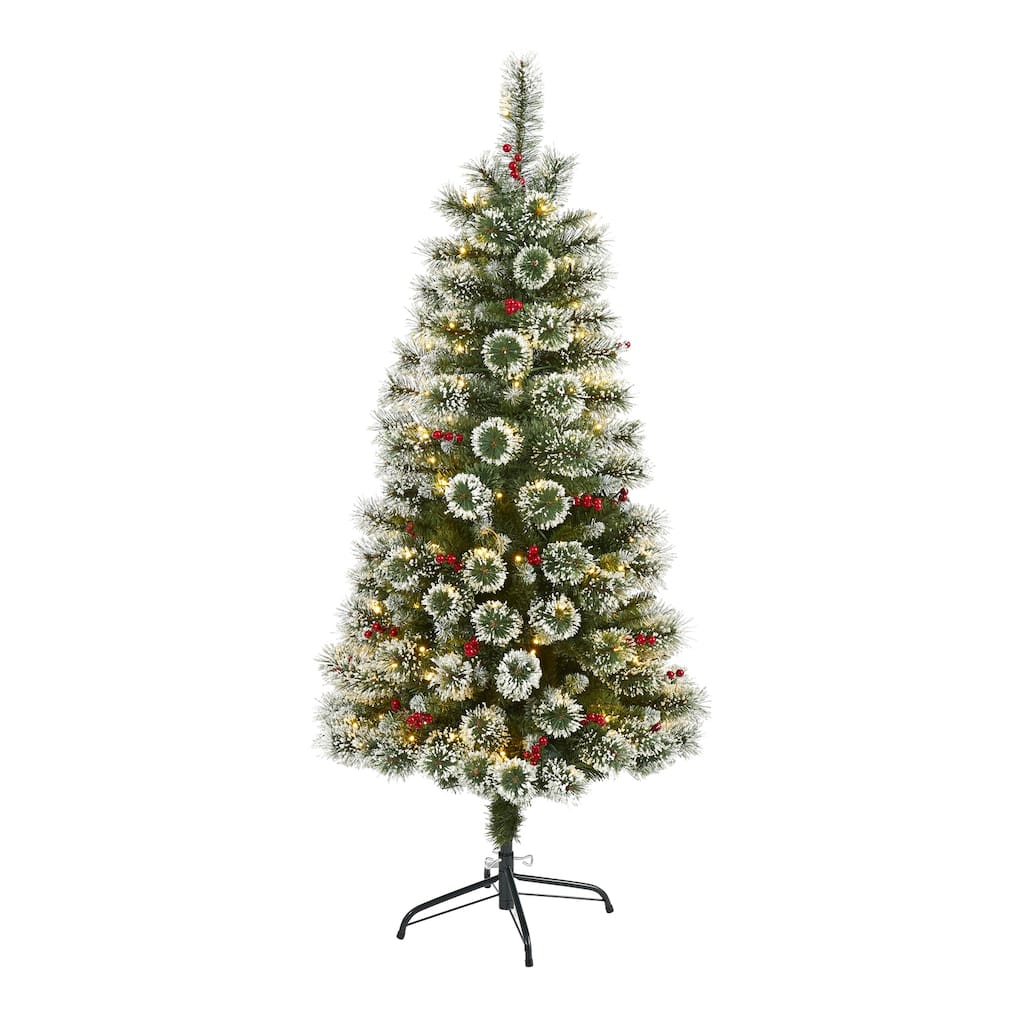 5ft Prelit Christmas Tree Frosted Swiss Pine with Berries & Lights - Holiday Decor - Green - 60