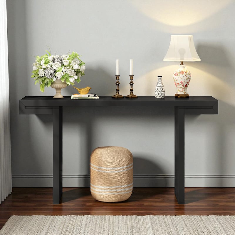 60'' Modern Console Table with Geometric Lines, Painted Finish & Adjustable Feet for Entryway, Hallway or Living Room - Black