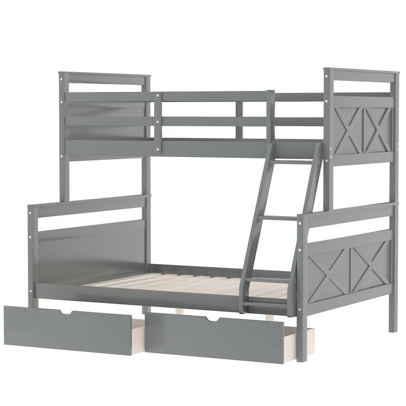 Twin Over Full Bunk Bed with 2 Storage Drawers & Ladder, Wood Bunkbed Frame Can Be Divided into 2 Beds
