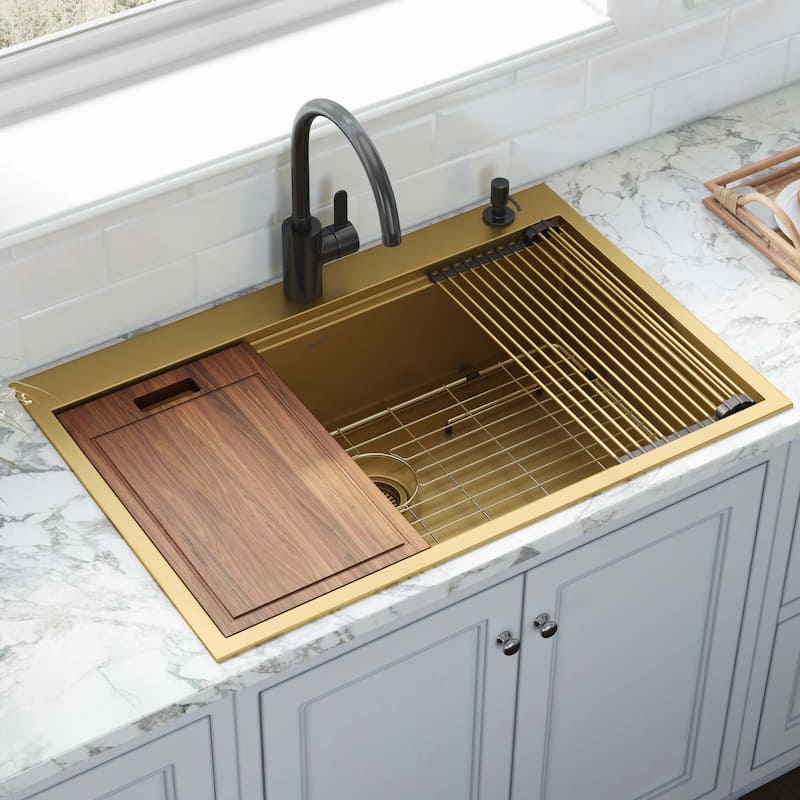 Ruvati 33 inch Polished Brass Matte Gold Workstation Drop-in Topmount Kitchen Sink Single Bowl - 33" x 22" - 33" x 22"