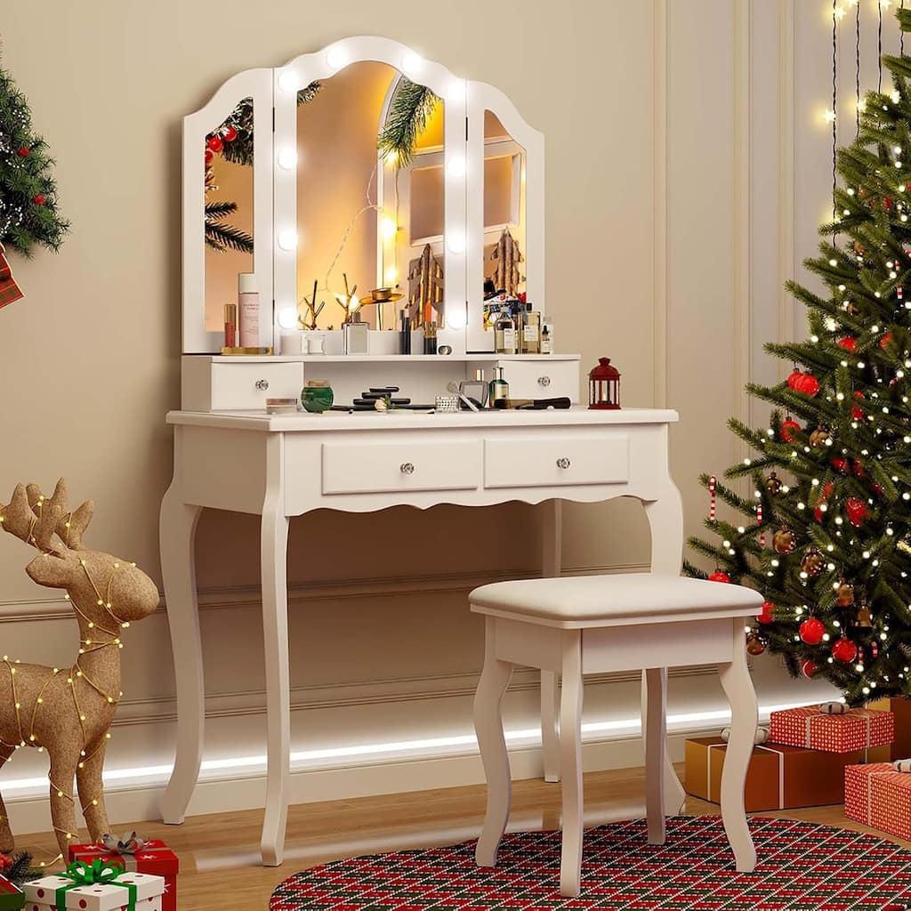 Modern Vanity Desk＆Cushioned Stool Dressing Table Set w/ Mirror