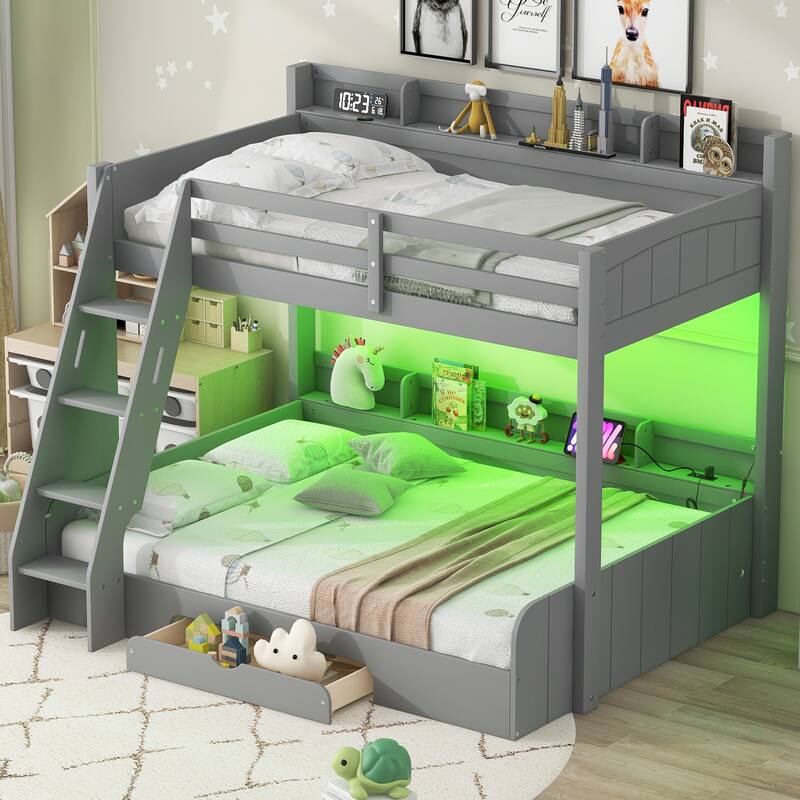 GDFStudio - Wood Twin over Full Bunk Bed with Storage, Drawer, LED & Charging Station