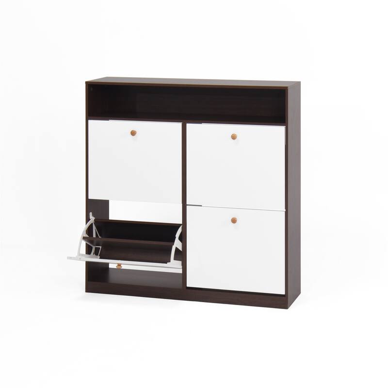 Freestanding Shoe Storage Cabinet with 4 Flip Drawers and Wood Handle