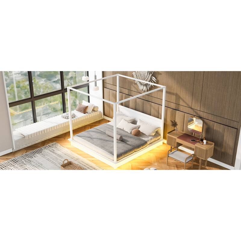 Roomfitters King Size Wooden Canopy Bed with LED Lighting, Modern Platform Bed Frame with Headboard, No Box Spring, White