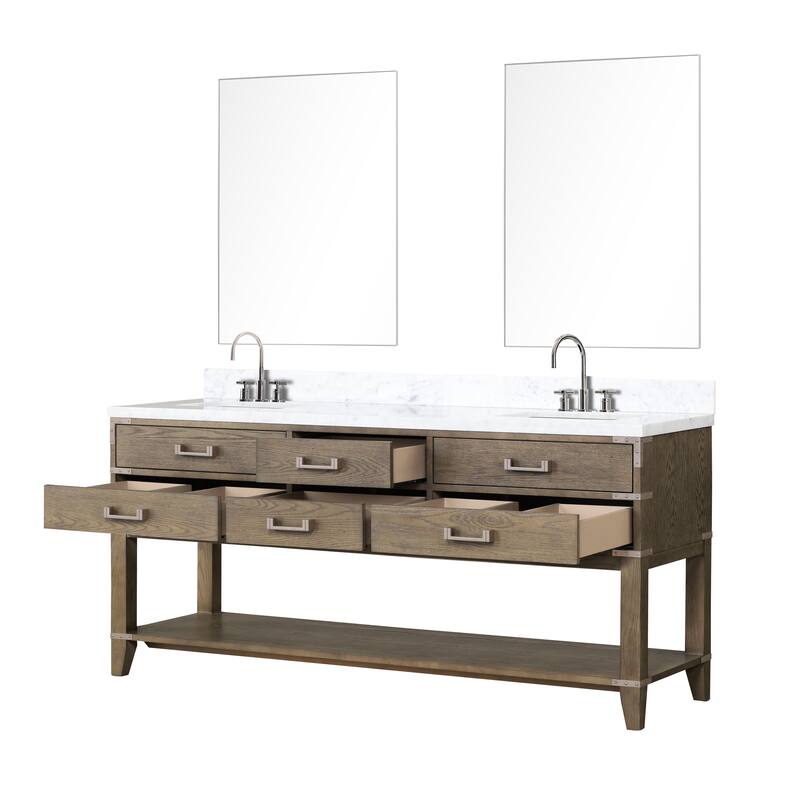 Lexora Norwalk Bath Vanity, Carrara Marble Top, Faucet Set, and Mirror